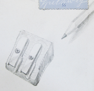 Pencil and sharpener (original size 5 cm)