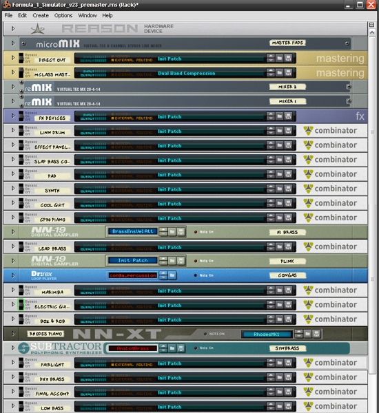 The image shows my whole &quot;Formula 1 Simulator&quot; setup, which uses a lot, and I mean really a lot of devices and instruments. As you can see, each instrument and effect group is folded in a &quot;Combinator&quot; device.